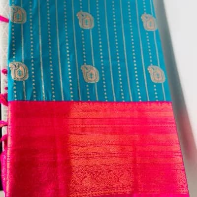 Blue and pink saree with gold embellishments